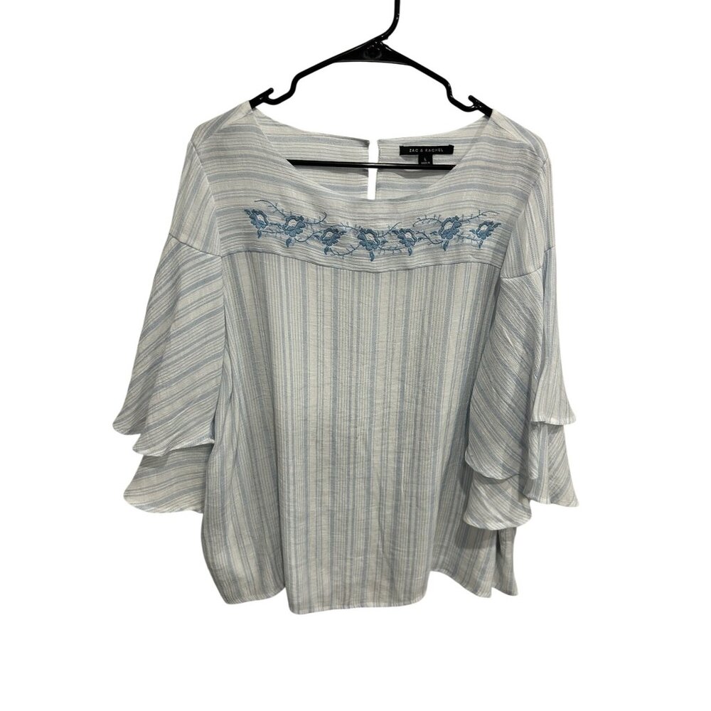 Zac & Rachel Blue Striped Embroidered Ruffle Sleeve Blouse Size L Flowy Boho
